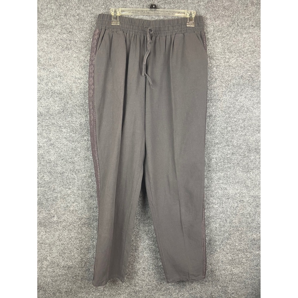 Boho Linen Cotton Blend Pants Women Large Gray Excellent Lace Trim Tapered